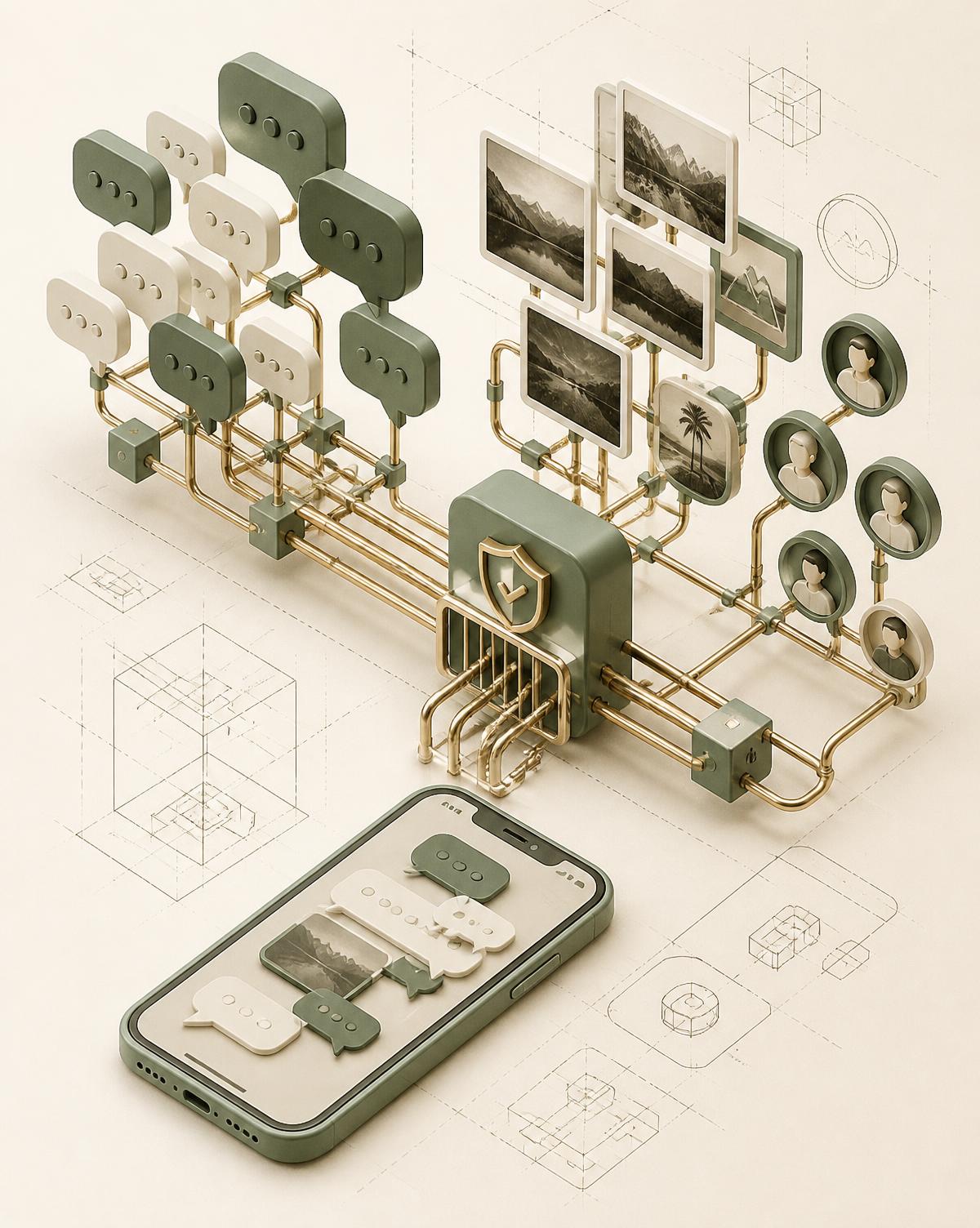 3D CAD render of group chat messages and photos piped through a moderation gate into the app
