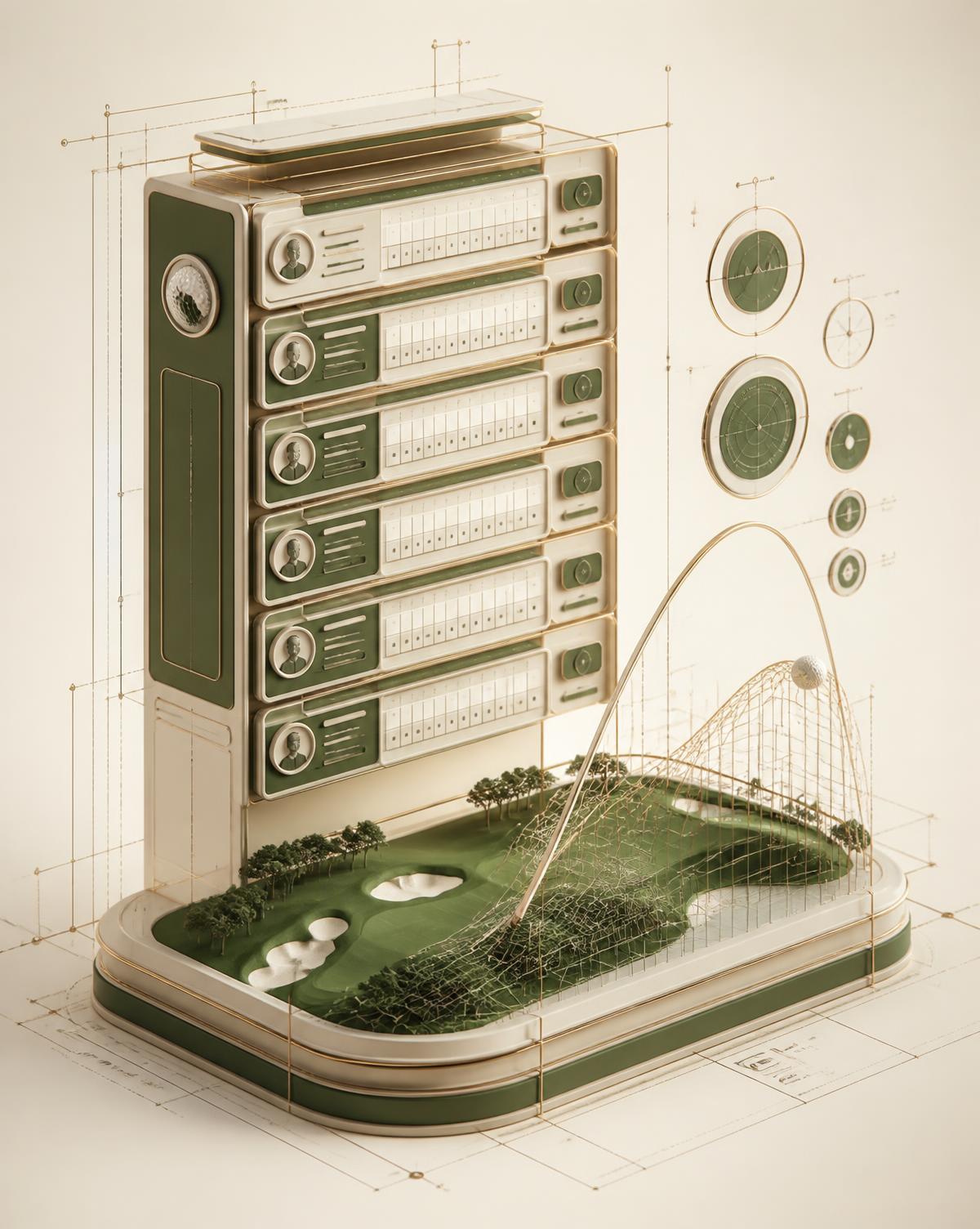 3D CAD render of a live scoring leaderboard tower with shot tracing