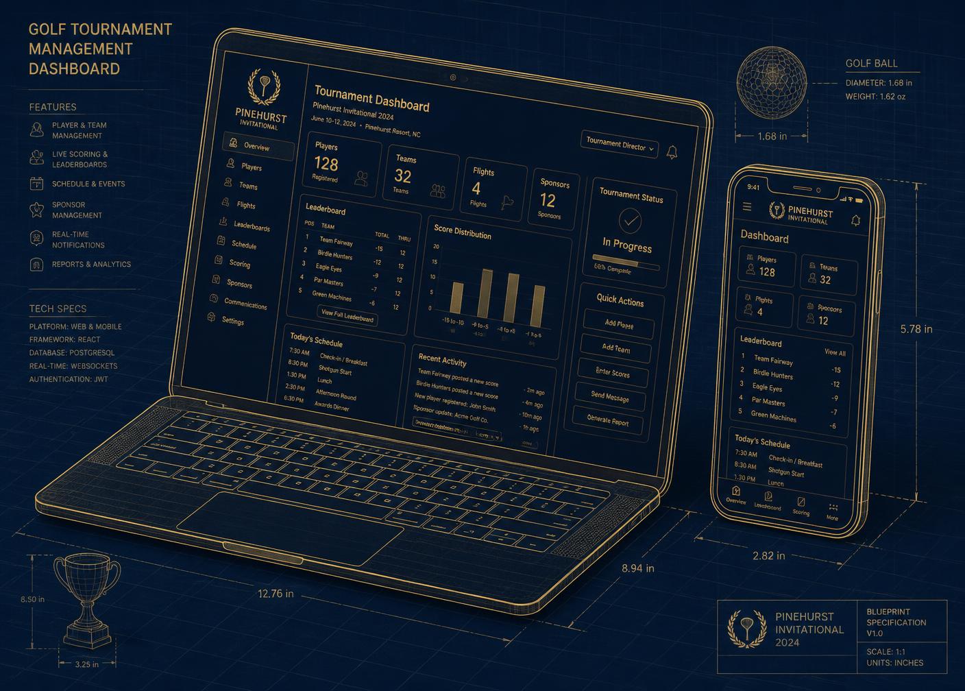 Blueprint render of the tournament dashboard on laptop and phone